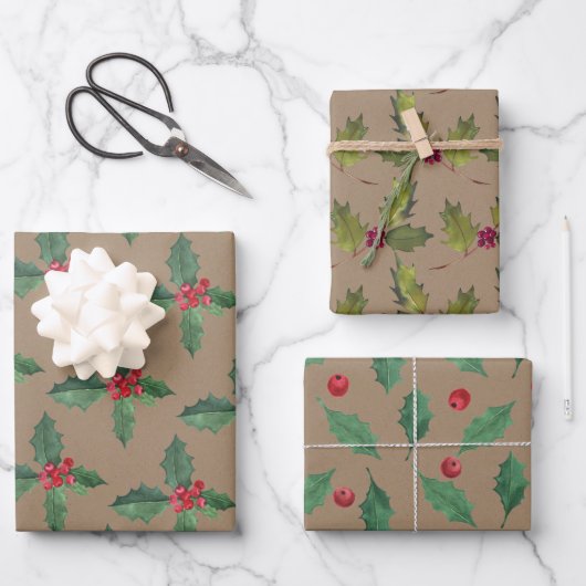 Feuille De Papier Cadeau Rustique Kraft Christmas Holly & Berries (Recto)