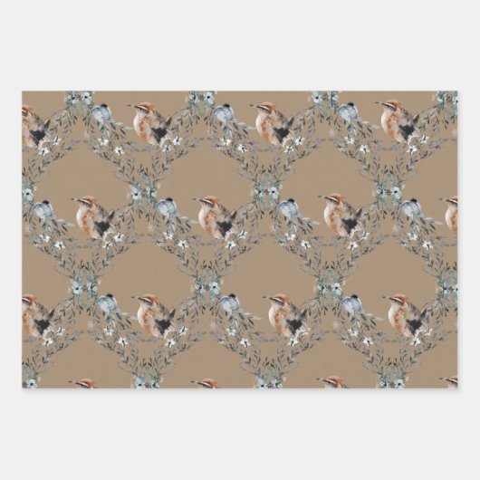 Feuille De Papier Cadeau Rustique Kraft Dusty Blue Winter Birds Nesting (Devant)