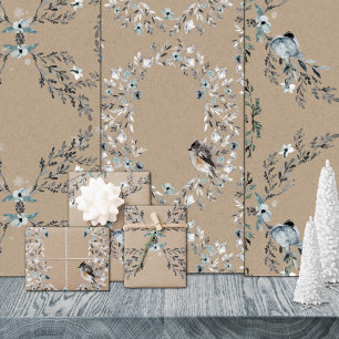 Feuille De Papier Cadeau Rustique Kraft Dusty Blue Winter Florals & Birds