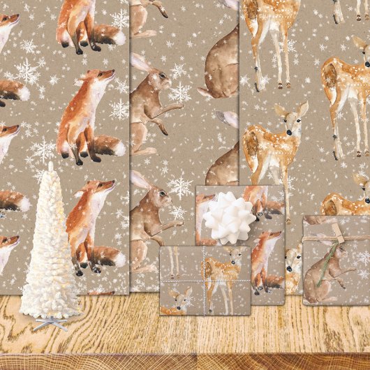 Feuille De Papier Cadeau Rustique Kraft Élégant Snowy Animaux d'hiver