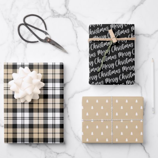 Feuille De Papier Cadeau Rustique Kraft et Black Watch Joyeux Noël (Recto)