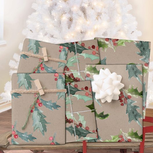Feuille De Papier Cadeau Rustique Kraft Noël Floral Holly Red Berries