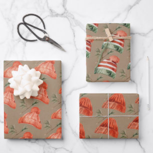 Feuille De Papier Cadeau Rustique Kraft Noël Rouge Vert laine Tuque Casquet
