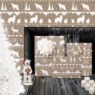Feuille De Papier Cadeau Rustique Kraft Nordic Sweater Blanc Animaux d'hive