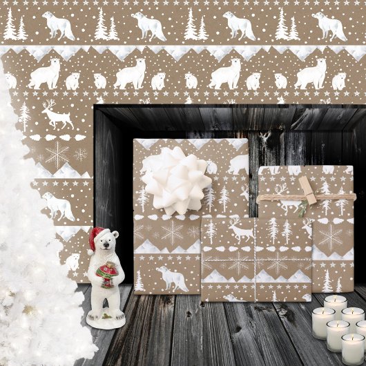 Feuille De Papier Cadeau Rustique Kraft Nordic Sweater Blanc Animaux d'hive