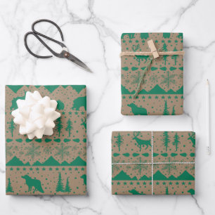 Feuille De Papier Cadeau Rustique Kraft Nordic Sweater Green Animaux d'hive