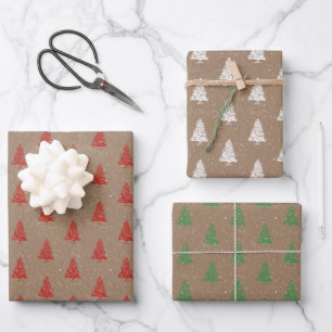 Feuille De Papier Cadeau Rustique Kraft Rouge Blanc Vert Neige Arbres de No