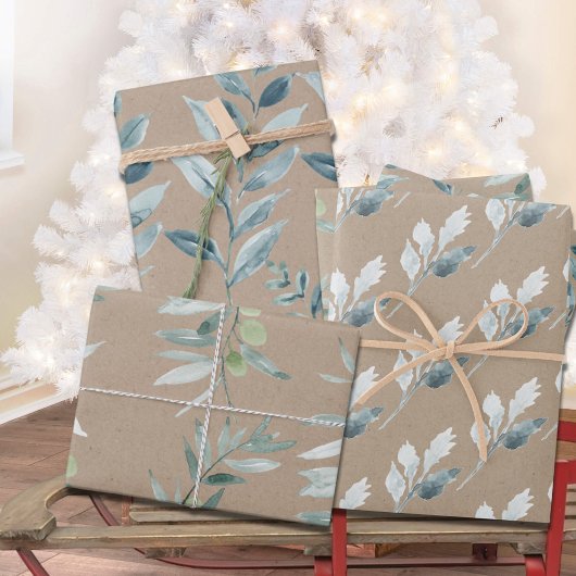 Feuille De Papier Cadeau Rustique Kraft Silver Blue Winter Greenery