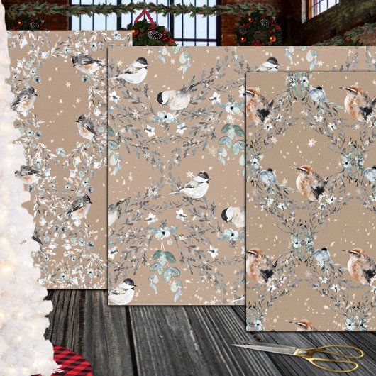 Feuille De Papier Cadeau Rustique Kraft Snowy Winter Birds Nidification