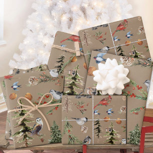 Feuille De Papier Cadeau Rustique Kraft Tout Bois Oiseaux d'hiver