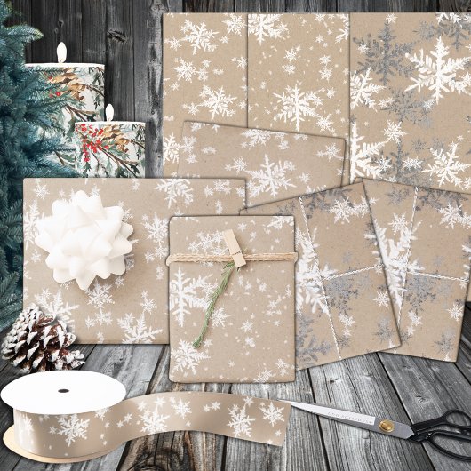 Feuille De Papier Cadeau Rustique Kraft Winter White & Silver Snowflakes