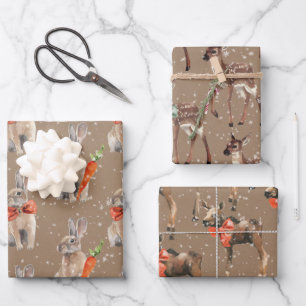 Feuille De Papier Cadeau Rustique Kraft Winter Woodland Bébé Lièvre Cerf Oi