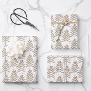 Feuille De Papier Cadeau Rustique Motif Holiday Tree Blanc Golden Brown