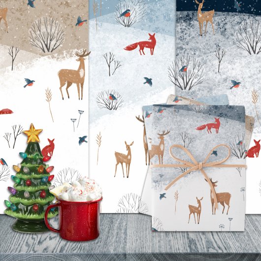 Feuille De Papier Cadeau Rustique Nordic Winter Fox Deer Snowy Mountain