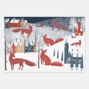 Feuille De Papier Cadeau Rustique Nordic Winter Red Fox Snow Mountain Villa