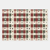 Feuille De Papier Cadeau Rustique Rouge Vert Plaid Coeurs Noël (Devant 3)