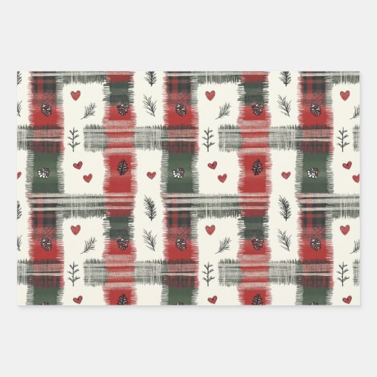 Feuille De Papier Cadeau Rustique Rouge Vert Plaid Coeurs Noël (Devant 2)