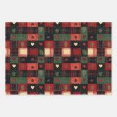 Feuille De Papier Cadeau Rustique Rouge Vert Plaid Coeurs Noël (Devant)