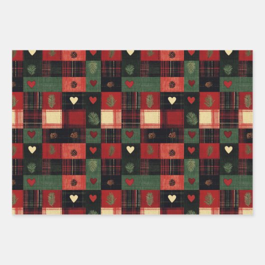 Feuille De Papier Cadeau Rustique Rouge Vert Plaid Coeurs Noël (Devant)
