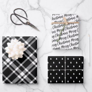 Feuille De Papier Cadeau Rustique Tartan Noir Plaid Joyeux Motif de Noël
