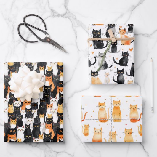 Feuille De Papier Cadeau Sac-cadeau orange blanc noir Chats moyen (Recto)