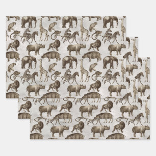 Feuille De Papier Cadeau Safari Animaux à gris clair