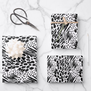 Feuille De Papier Cadeau Safari Animaux à la fourrure Motif noir et blanc