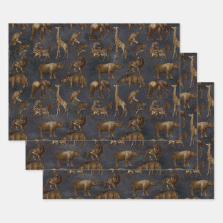 Feuille De Papier Cadeau Safari Animaux en bleu foncé