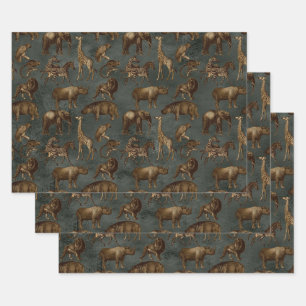 Feuille De Papier Cadeau Safari Animaux sur Vert foncé