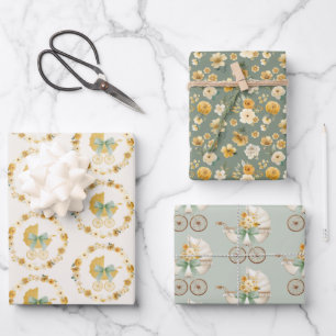 Feuille De Papier Cadeau Sage Green Floral Carriage Baby Shower