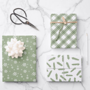 Feuille De Papier Cadeau Sage Green Snowflakes Pine Plaid Vacances Motifs
