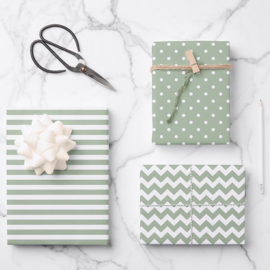 Feuille De Papier Cadeau Sage Green & White Stripes Polka Dot Chevron (Recto)
