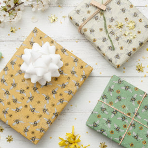 Feuille De Papier Cadeau Sage tendance et abeilles jaunes pour le printemps
