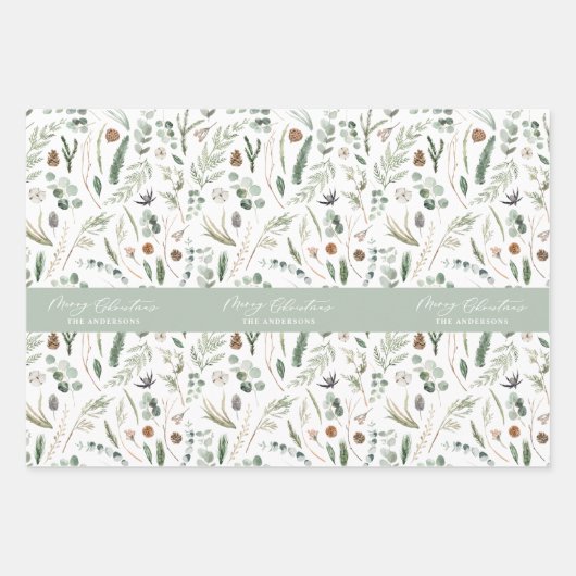 Feuille De Papier Cadeau Sage vert Noël moderne minimum botanique enveloppé (Devant)