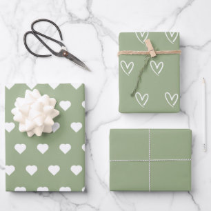 Feuille De Papier Cadeau Sage Vert tendance Minimaliste Simple Coeur Élégan