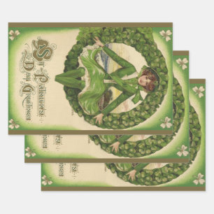 Feuille De Papier Cadeau Saint-Patrick vintage, Couronne avec jeune Irlanda