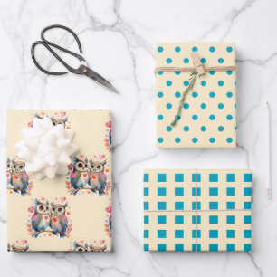 Feuille De Papier Cadeau Saint Valentin chouettes points motif carré turquo