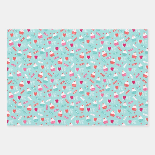 Feuille De Papier Cadeau Saint Valentin Cupcakes Candy Coeurs rouges (Devant)