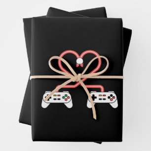 Feuille De Papier Cadeau Saint-Valentin de joueur vidéo avec cœur de manett