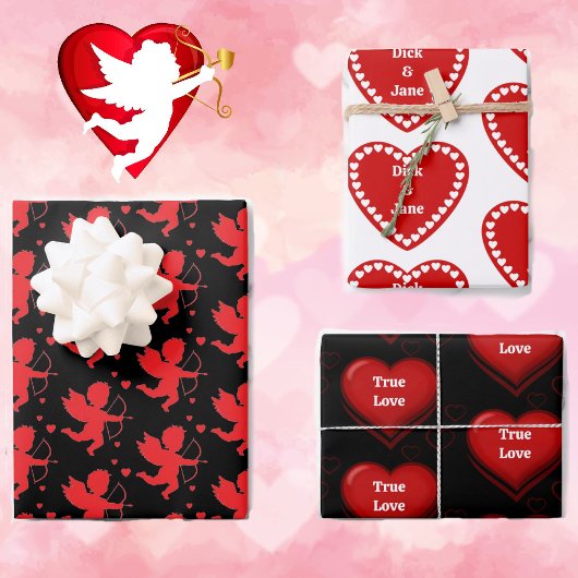 Feuille De Papier Cadeau Saint-Valentin Noms Coeurs Cupidons Rouge Blanc 3
