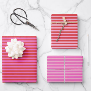 Feuille De Papier Cadeau Saint-Valentin Rayures Roses et Rouges