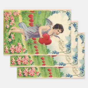 Feuille De Papier Cadeau Saint-Valentin vintage, ange victorien avec cœur