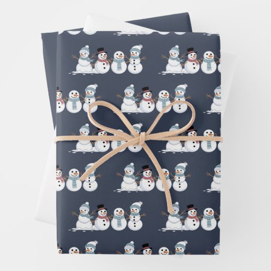 Feuille De Papier Cadeau Saison de Noël Snowmen Row Xmas (En situation)