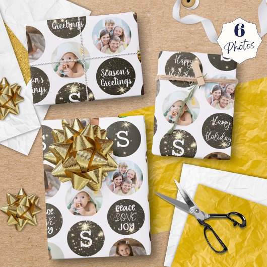 Feuille De Papier Cadeau Salutations de Noël 6 Photo Monogram Gold Sparkel