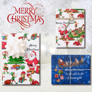 Feuille De Papier Cadeau Santa Claus Arbre de Noël Elfes Reindeer Cadeaux