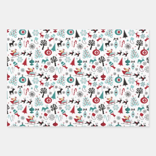 Feuille De Papier Cadeau Santa Claus Sleigh Reindeer Pine Trees Art Motif (Devant)