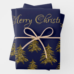 Feuille De Papier Cadeau Sapin de Noël doré scintillant sur fond de Noël bl