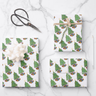 Feuille De Papier Cadeau Sapins de Noël à sommet étoilé et motifs de cadeau