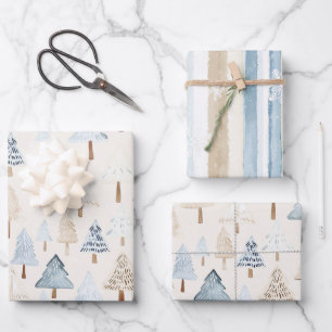 Feuille De Papier Cadeau Sapins de Noël Bleus Beige Crème