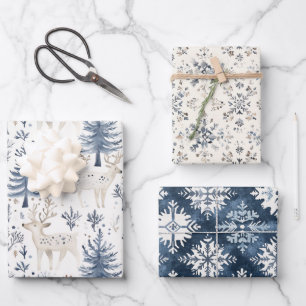 Feuille De Papier Cadeau Sapins de Noël Bleus Blancs Cerfs